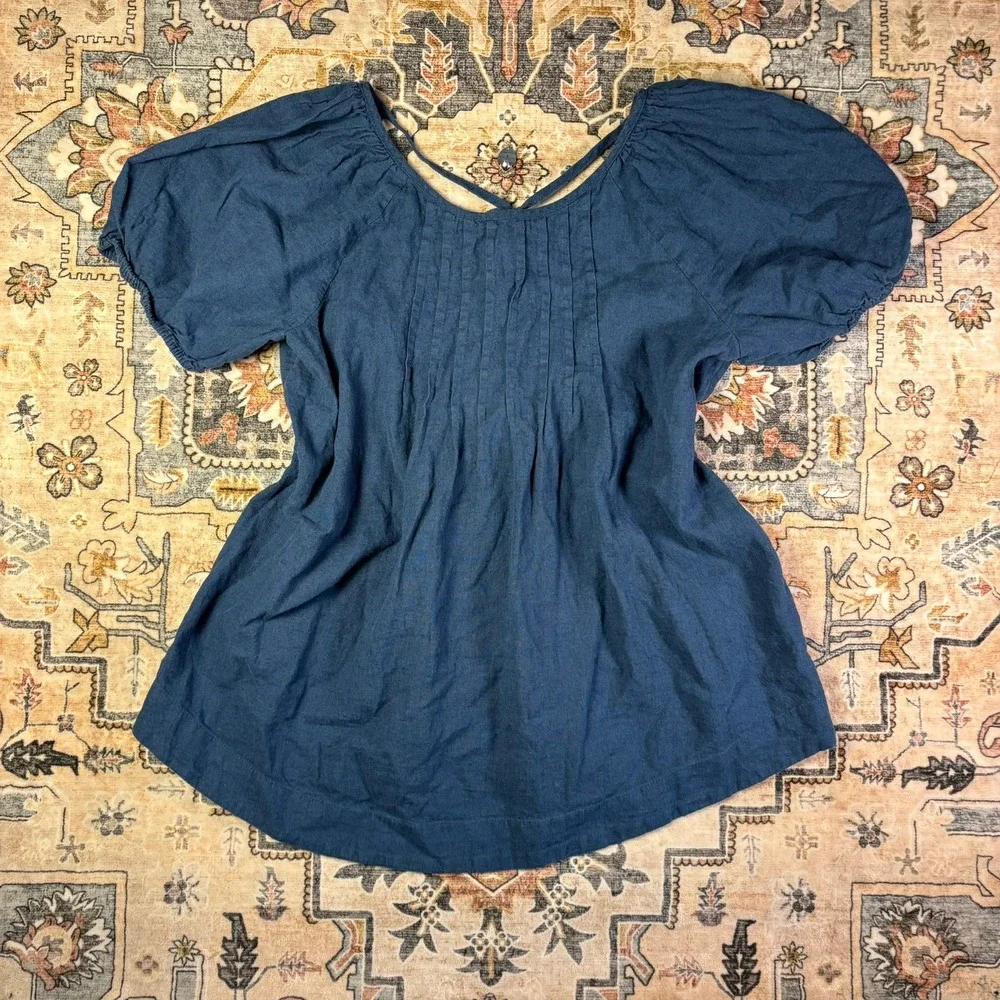Free-est Free People Navy Blue Linen Pleated Puff Sleeve Mini Dress Tunic Large